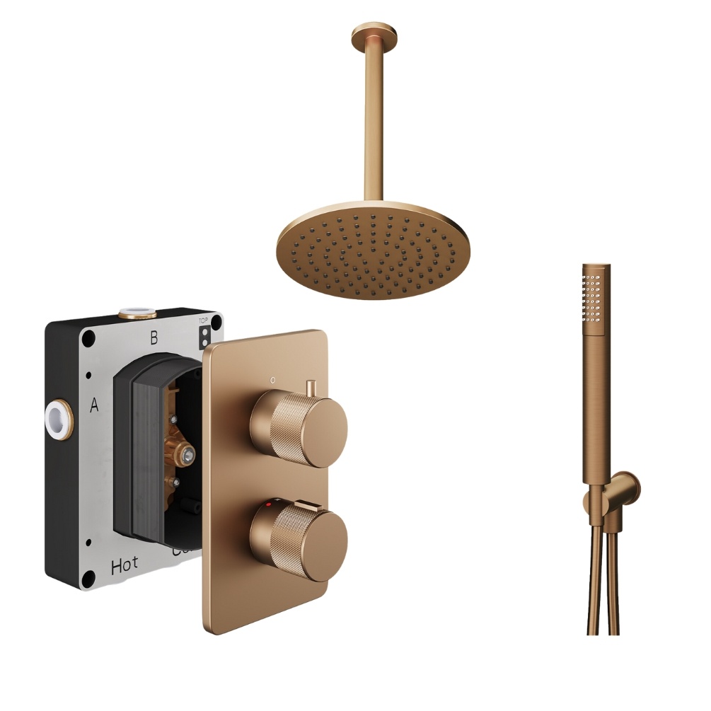 Product Cut out image of the Abacus Iso Pro Brushed Bronze 2 Outlet Shower Pack with Ceiling Head & Handset